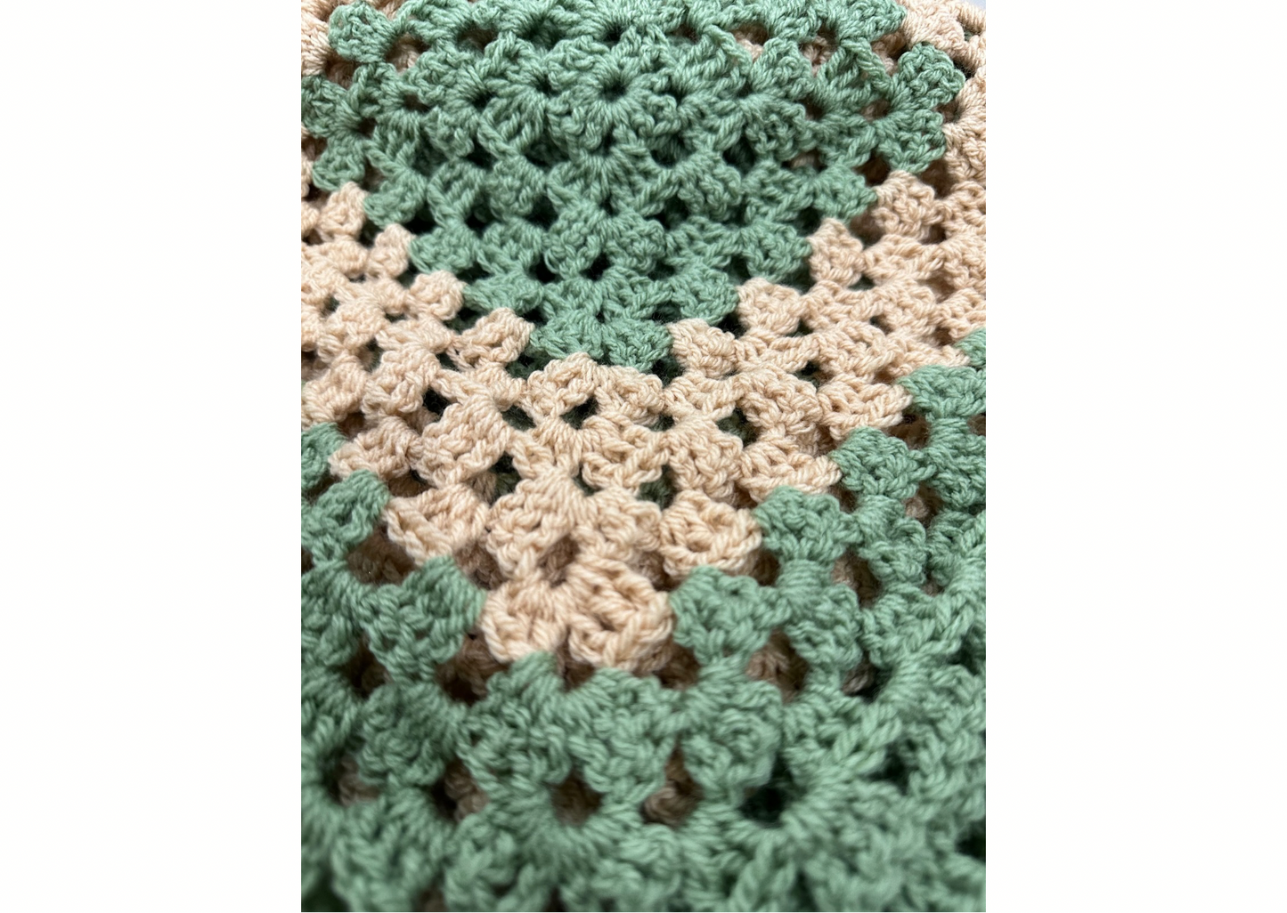 Green and Cream ‘Granny Square’ Crocheted Lap Blanket