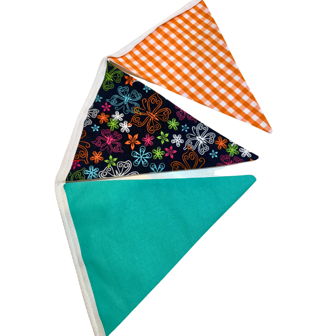 Black Flowers and Butterflies, Orange and Turquoise Bunting