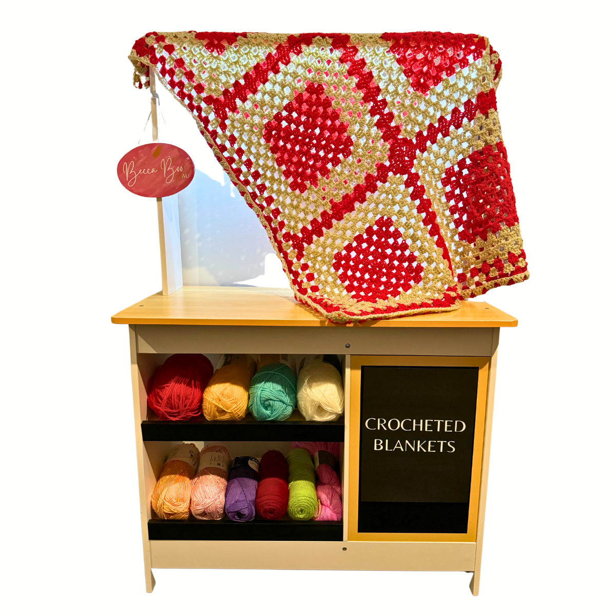 Red and Cream ‘Granny Square’ Crocheted Lap Blanket