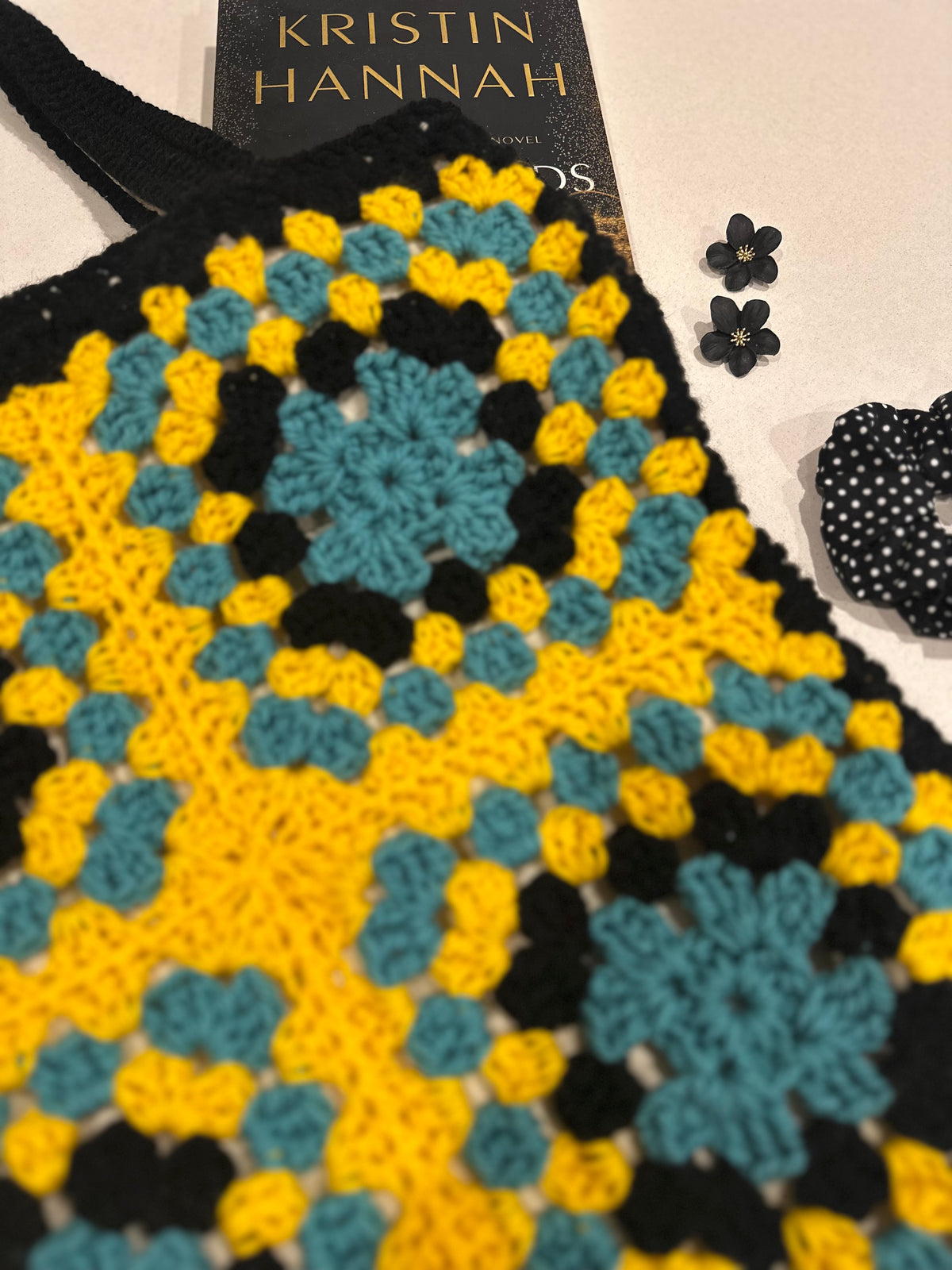 Crocheted Tote Bag (Black, Yellow and Turquoise)