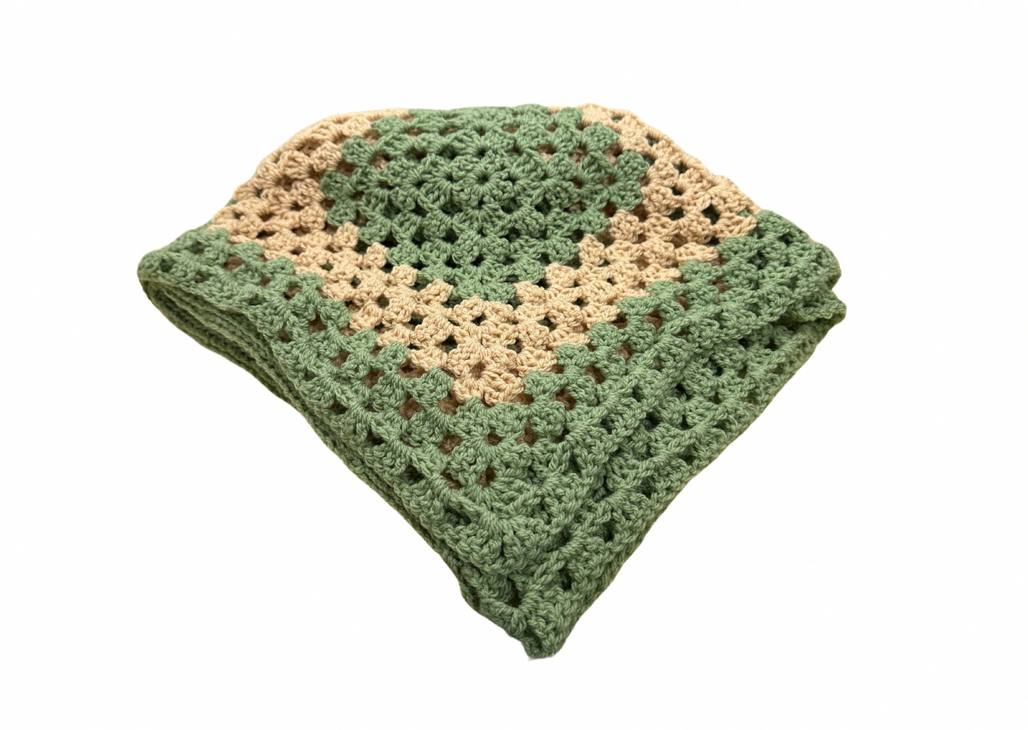 Green and Cream ‘Granny Square’ Crocheted Lap Blanket