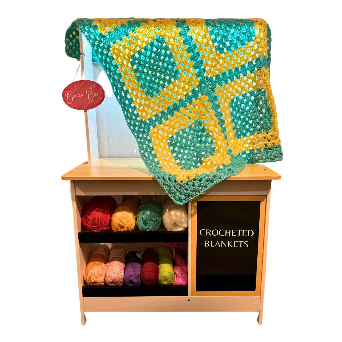 Turquoise and Yellow ‘Granny Square’ Crocheted Lap Blanket