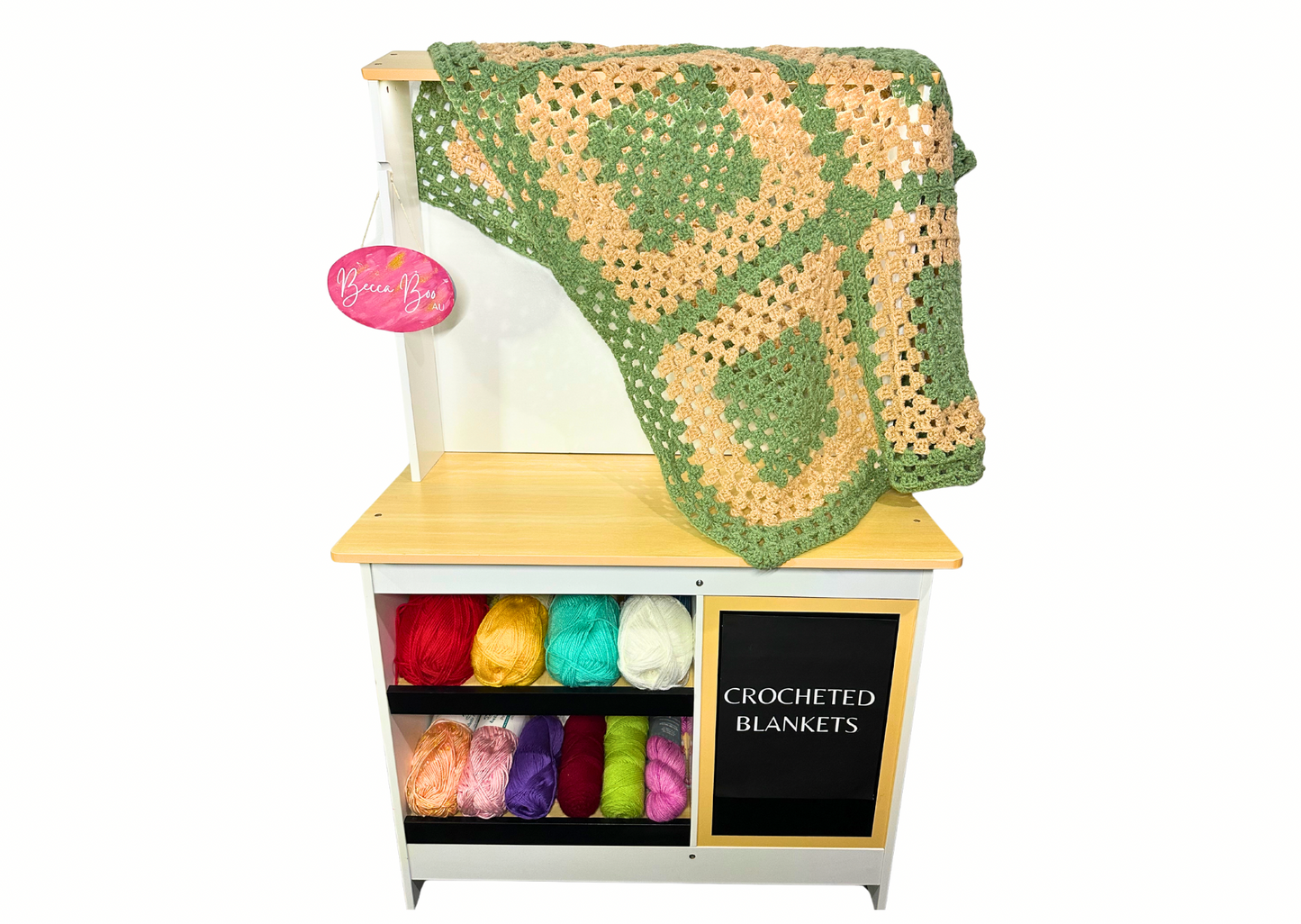 Green and Cream ‘Granny Square’ Crocheted Lap Blanket
