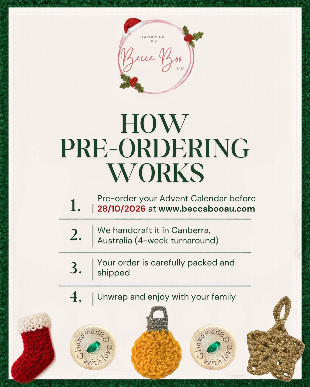 PRE-ORDER: Handmade Crochet Christmas Advent Calendar | Reusable Christmas Countdown Keepsake
