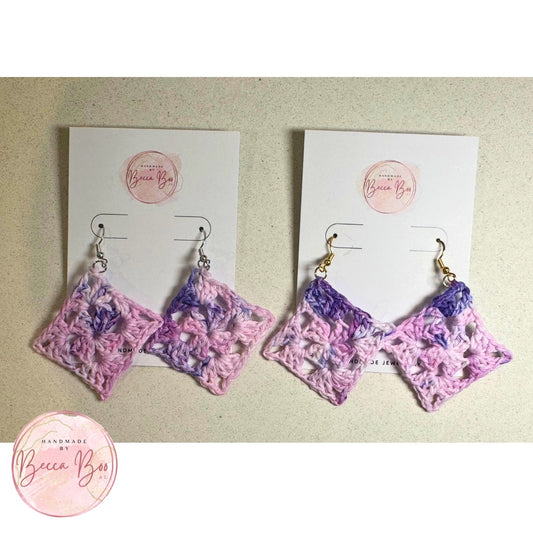 Mauve Variegated Granny Square Crocheted Earrings