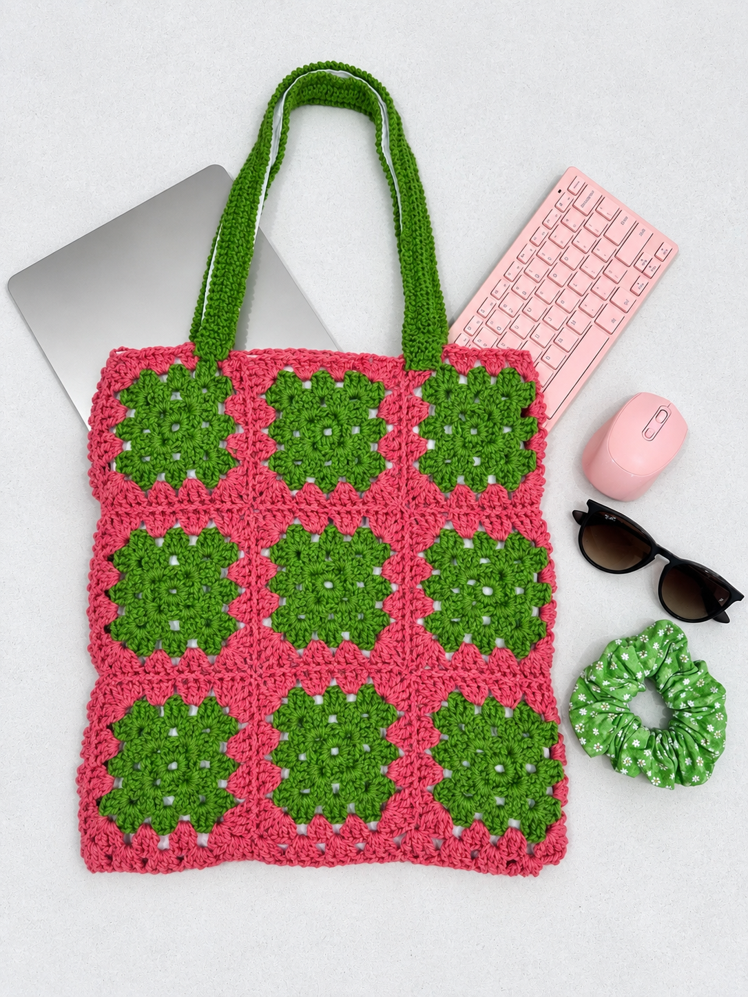 Crocheted Tote Bag (Pink and Green)