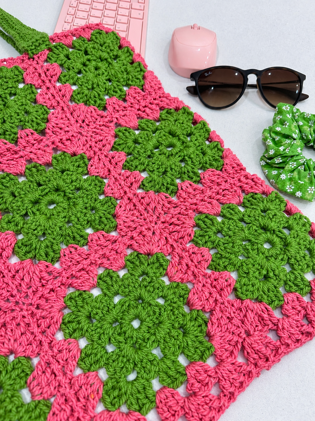 Crocheted Tote Bag (Pink and Green)