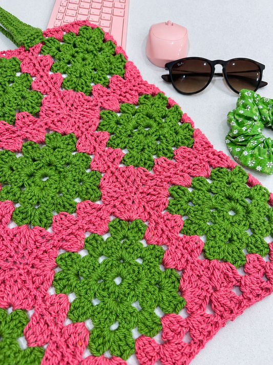 Crocheted Tote Bag (Pink and Green)
