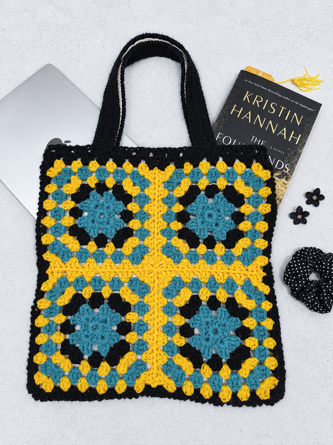 Crocheted Tote Bag (Black, Yellow and Turquoise)