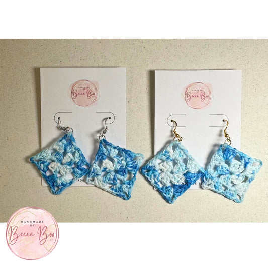 Blue Variegated Granny Square Crocheted Earrings