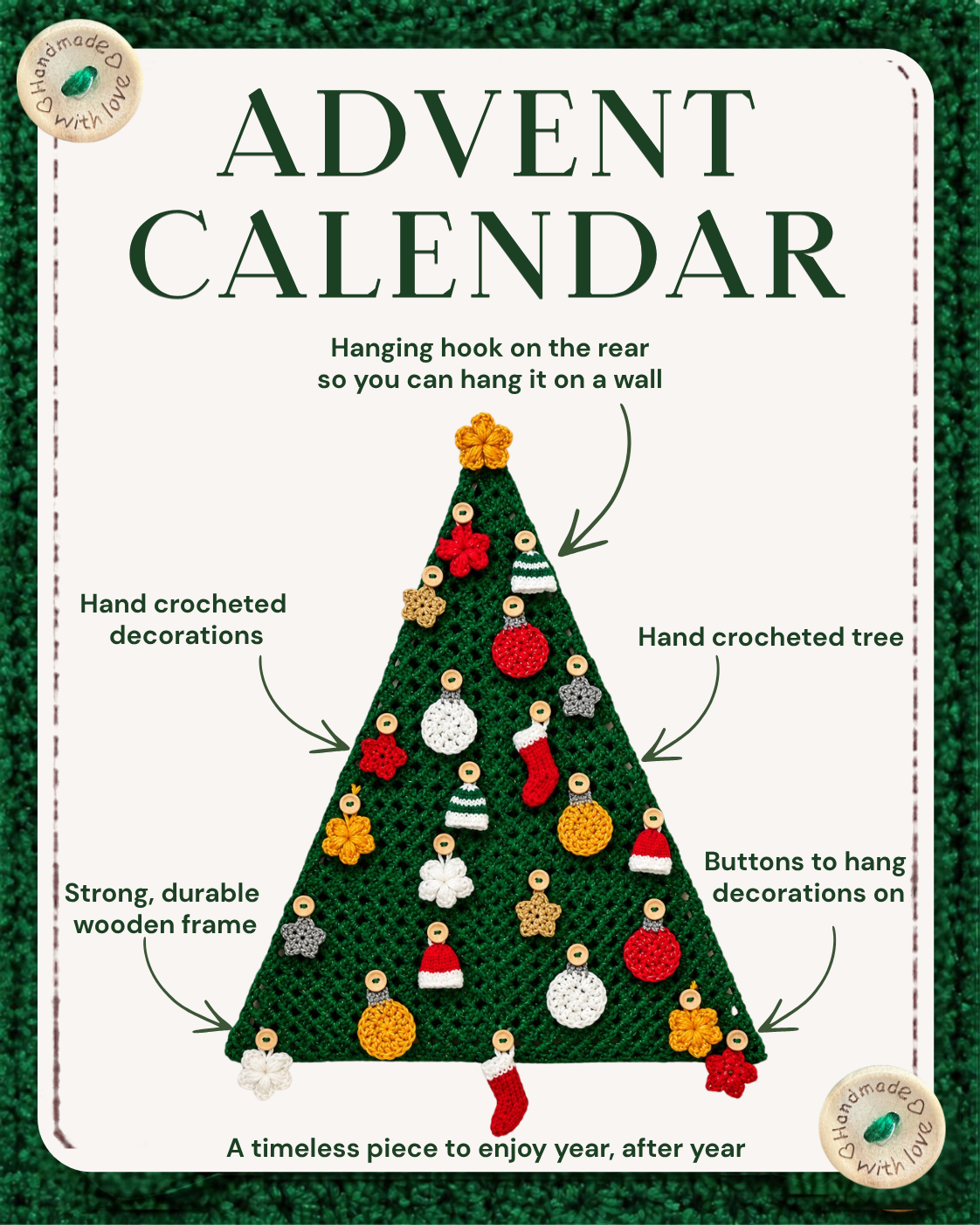 A product listing image for a hand-crocheted Advent Calendar, showing a  a green crocheted Christmas tree illustration and text callouts explaining features like hand crocheted decorations, a wooden frame, and hanging instructions. T