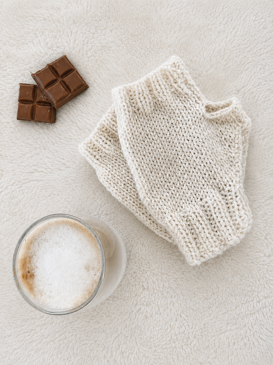 A pair of beige, knit fingerless gloves laid flat on a soft white textured surface, styled with two chocolate bars and a glass of frothy coffee
