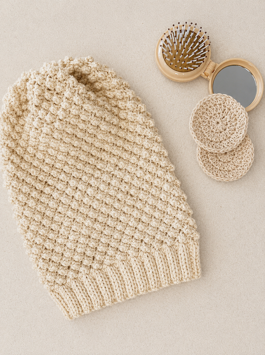 A flat lay of a beige blackberry stitch slouch beanie next to two crocheted face scrubbies and a mirror and hairbrush.