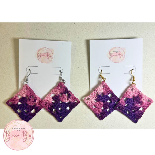 Pink and Purple Variegated Granny Square Crocheted Earrings