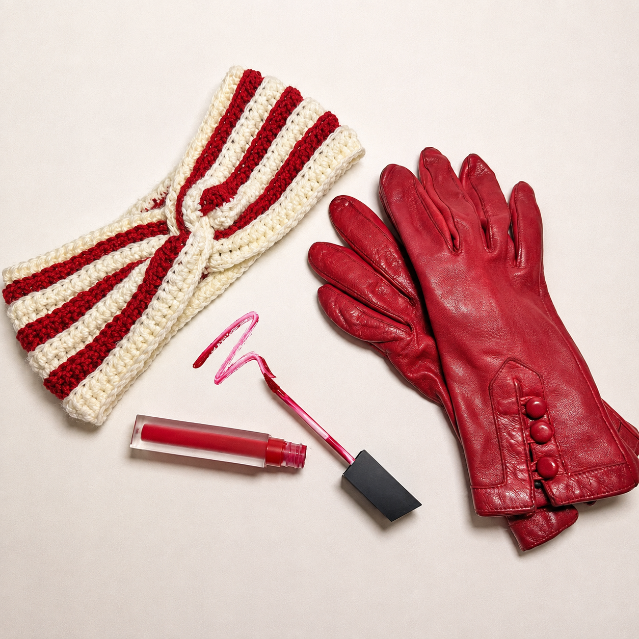 Red and Off-White Ear Warmer