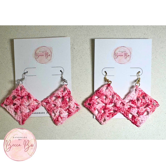 Pink Variegated Granny Square Crocheted Earrings