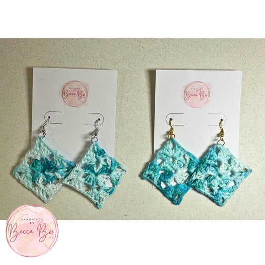 Green Variegated Granny Square Crocheted Earrings