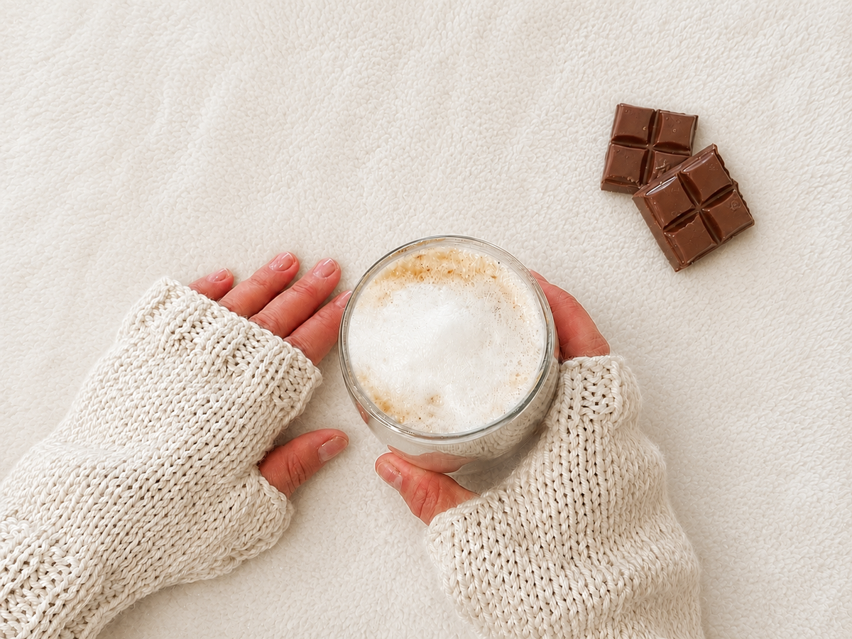 A top-down view of two hands wearing cream knit fingerless mittens holding a glass of hot coffee or latte with thick foam, with two chocolate bars on a soft cream fabric background.