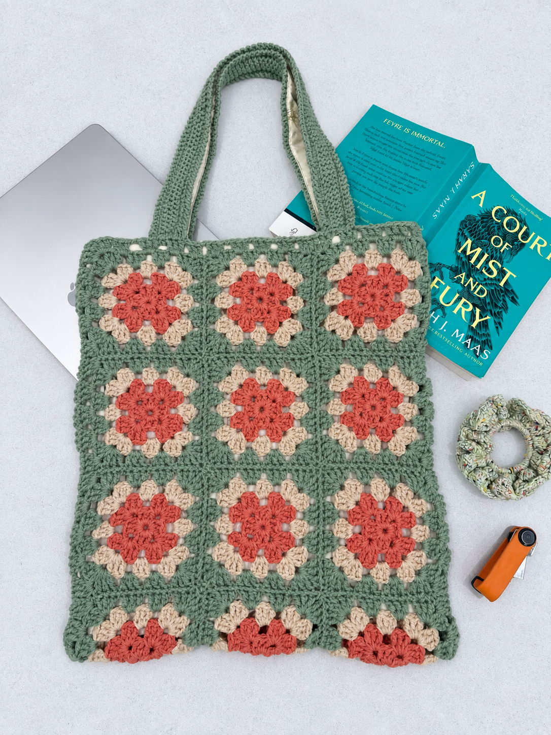 Crocheted Tote Bag (Sage green, beige and rust)